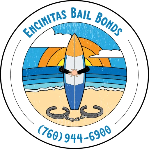 Logo of Encinitas Bail Bonds featuring a surfboard and handcuffs against a California beach sunset, symbolizing their commitment to providing reliable jail bond services.